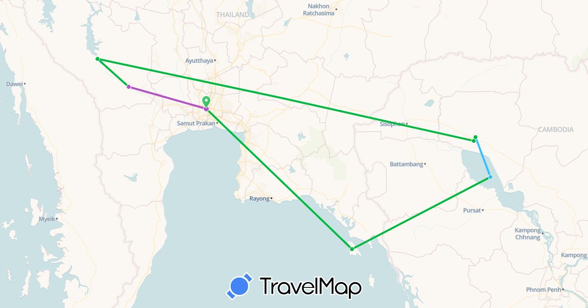 TravelMap itinerary: driving, bus, train, boat in Cambodia, Thailand (Asia)